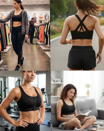newlashua High Support Sports Bras for Women - High Impact Zip Front Sports Bra Padded Strappy Back Workout Bra XXL Black - Thumbnail 6
