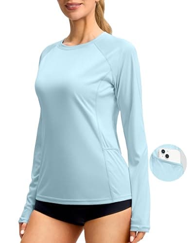 Viodia Rash Guard for Women UPF 50+ SPF UV Long Sleeve Shirts Sun Protection Quick Dry Hiking Swim Shirt with Pockets Light Blue S - Image 1