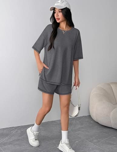 Ekouaer Lounge Sets for Women 2 Piece Shorts Sets Moisture Wicking Casual Summer Short Sleeve Matching Outfits with Pockets - Thumbnail 4