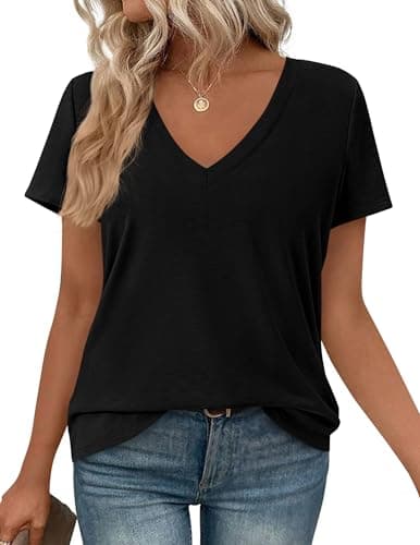 PRETTYGARDEN Womens Tops Short Sleeve Oversized Tshirts Shirts 2026 Summer Casual V Neck Loose Basic Tees Spring Tunic Blouse (Black,Large) - Image 1