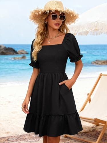 Berydress Black Dresses for Women 2026 Summer Boho Beach Vacation Clothes Square Neck Babydoll Short Sleeve Mini Sun Dress with Pockets(M,6295-Black) - Thumbnail 6