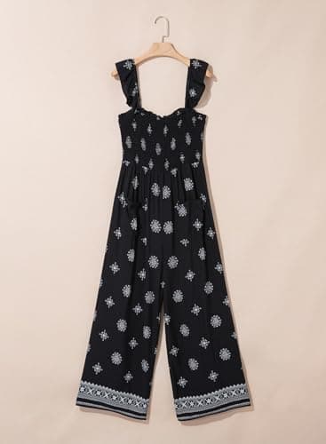 Dokotoo Floral Jumpsuits for Womens 2026 Ruffle Sleeves Cute Square Neck Maternity Jumper Smocked Waisted Wide Leg Pants Dressy Beach Vacation Cruise Outfits Plus Size with Pockets,Black Large - Thumbnail 5