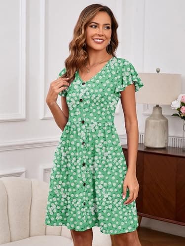 Heymoments Women Summer Dress Fresh Daisy X-Large Ruffle Sleeve V Neck Casual Cute Loose Sundress Comfy Swing Button Down Midi Work Flowy Tunic Ladies Beach Vacation Teacher Dresses with Pockets - Thumbnail 2