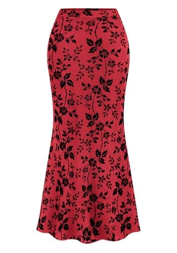 BTFBM Womens Floral Mesh Maxi Skirt 2026 Spring Summer Elastic High Waisted Boho Elegant Mermaid Long Skirts for Women(Red, XX-Large) - Image 1