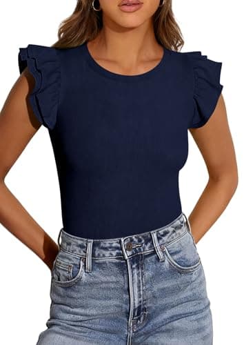 PRETTYGARDEN Womens Summer Crew Neck T Shirts 2026 Trendy Ruffle Sleeve Slim Fit Knit Going Out Tops Casual Spring Clothes (Navy,X-Large) - Thumbnail 5