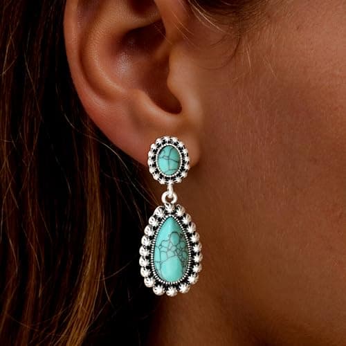 BAYLAY Boho Turquoise Earrings for Women-Western Silver Earrings Silver and Turquoise Jewelry for Women Western Earring Studs Elegant Women's Jewelry Perfect Gifts for Mom Wife Girlfriend - Thumbnail 2