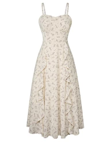 Belle Poque Flowy Smocked Back Sun Dress Midi Renaissance Cottagecore Dress Beige Purple Floral Dress for Women 2XL - Image 1