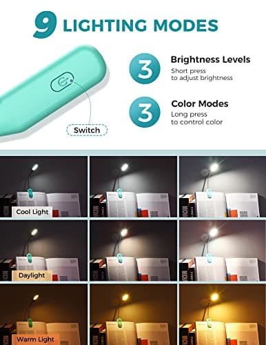 Monotremp Book Lights for Reading at Night in Bed, 80 Hours Runtime Rechargeable Reading Lights for Books in Bed, 3 Brightness Levels × 3 Color Temperatures, 1.3 oz Lightweight - Thumbnail 2
