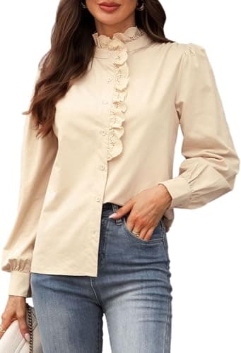 LOOKBOHO Blouses for Women Dressy Casual - Ruffle Lace Neck Button Down Tops Spring Dressy Elegant Solid Retro Shirts for Casual, Office, Work, Everyday Wear Beige X-Large