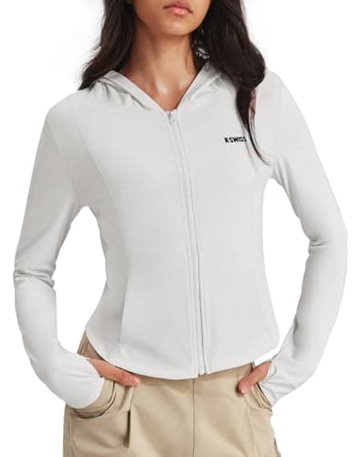 K-Swiss Women's Cropped Workout Jacket - Zip Up Slim Fit Lightweight Tops - Athletic Jackets with hood & Thumb holes,White L - Image 1
