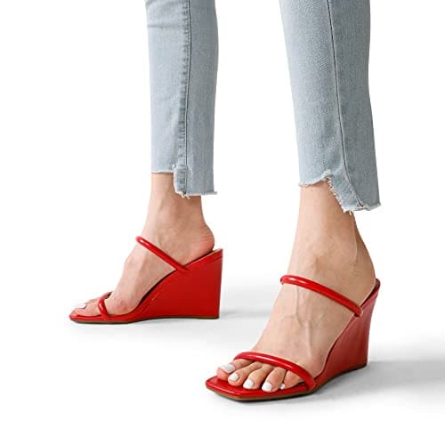 DREAM PAIRS Women's Slides Wedge Sandals Two Strap Square Open Toe Dress Shoes,Size 8.5,Red,SDPW2224W - Thumbnail 2
