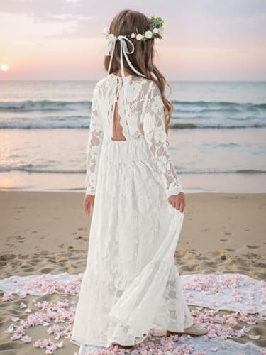 ALLOVIN Toddler & Girls Long Sleeve Lace Flower Girl Dress Maxi Boho A-Line Dress for Wedding Baptism 1st Communion | White | 8-9Y - Thumbnail 6