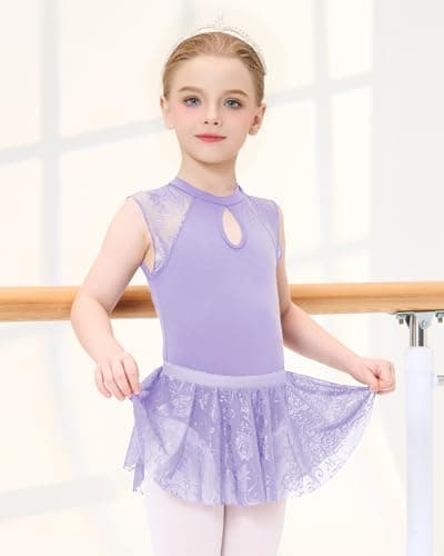 JiAmy Girls Ballet Leotards Cutout Back Dance Outfit Toddler Lace Dress Combo with Removable Skirt Purple 4-5 Years - Thumbnail 2