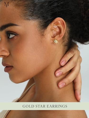 Mareclat Gold Star Earrings for Women Trendy Hypoallergenic Studs Cubic Zirconia Starburst Earrings 18K Gold Plated Non Tarnish (Starburst) - Thumbnail 2