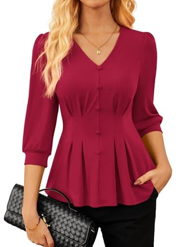 GRACE KARIN Women Business Casual Tops, 2026 Spring Trendy Dressy Blouses, 3/4 Sleeve V Neck Work Shirts Burgundy Medium - Image 1