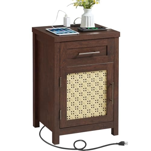 YUFAM Small Rattan Nightstand - Boho Night Stand with Type-C Charging Station for Bedroom, Modern Nightstands w/Drawer for Small Space, Wood Bedside Table w/Adjustable Storage Shelf, Walnut - Image 1