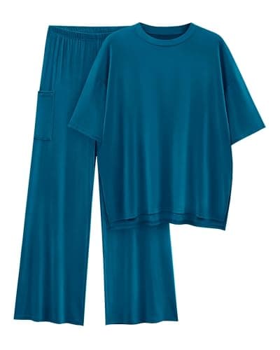 KIRUNDO Lounge Sets for Women 2 Piece Relaxed Fit Casual Knit Short Sleeve Shirts Wide Leg Pant Sets 2025 Spring Summer Pajamas Tracksuit(Lake Blue, X-Large) - Image 1