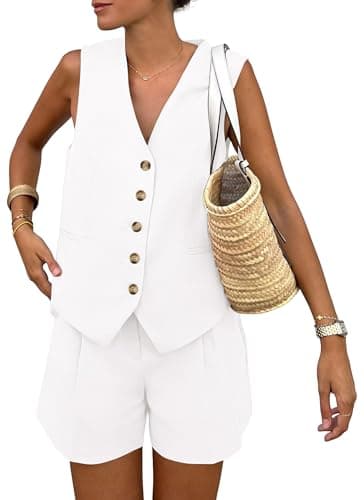 PRETTYGARDEN Women's Summer 2 Piece Outfits Sleeveless Matching Sets Button Down V Neck Vest Waistcoat and Pockets Shorts (White,XX-Large) - Image 1