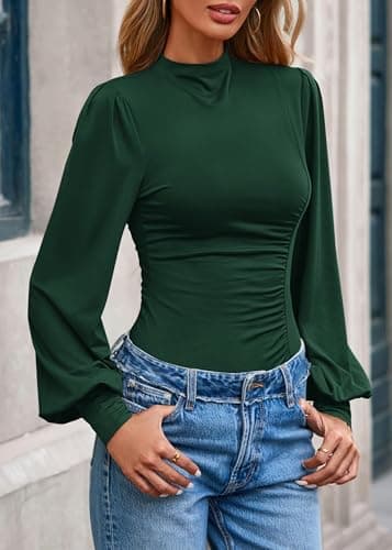 KIRUNDO Blouses for Women Dressy Casual 2026 Spring Tops Fall Puff Long Sleeve Shirts Fitted Mock Neck Ruched Trendy Tops(Dark Green, X-Small) - Thumbnail 4