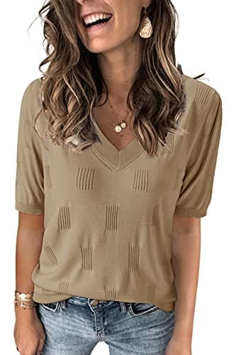 Arach&Cloz Women's Summer Fall Tops 2025 Short Sleeve Plus Size Sweaters V Neck Trendy Fashion Knit Clothes Dressy Cute Casual Outfits Business Work Blouse Apricot L - Image 1