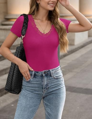 Dlaboonba Womens Lace V Neck Tops Short Sleeve Ribbed Knit Top Summer Slim Fit Casual T Shirts Blouse Rose Red - Thumbnail 2