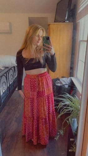 EARKOHA Womens Casual High Waist Tie Paisley Print Long Maxi Skirt with Pockets Red-1 L - Thumbnail 3