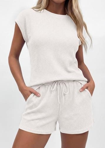 KIRUNDO Waffle Knit Short Sets For Women 2026 Summer Two Piece Cap Sleeve Lounge Set Matching Drawstring Vacation Outfits(White, Medium) - Thumbnail 6