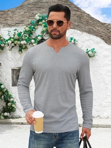 Hardaddy Men's V Neck Long Sleeve Ribbed Casual T-Shirt Classic Basic Solid Tee Shirts Light Gray M - Thumbnail 3