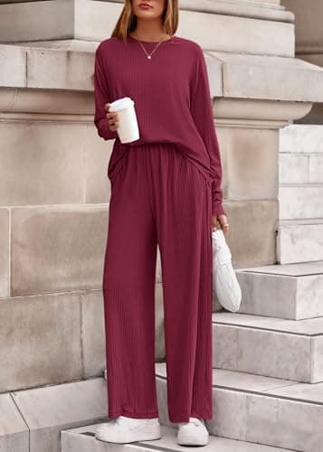 KIRUNDO Spring 2 Piece Lounge Sets for Women Long Sleeve Ribbed Knit Tops Wide Leg Pants Matching Travel Outfits Postpartum(Wine Red, Large) - Thumbnail 4