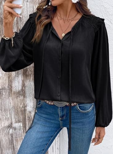 Dokotoo Women Blouses Fashion Summer Ruffle Round Neck Button Down Shirts Work Tops for Women Trendy Smocked Boho Tops Elegant School Outfits for Teachers Women's Clothing Black Medium - Thumbnail 6