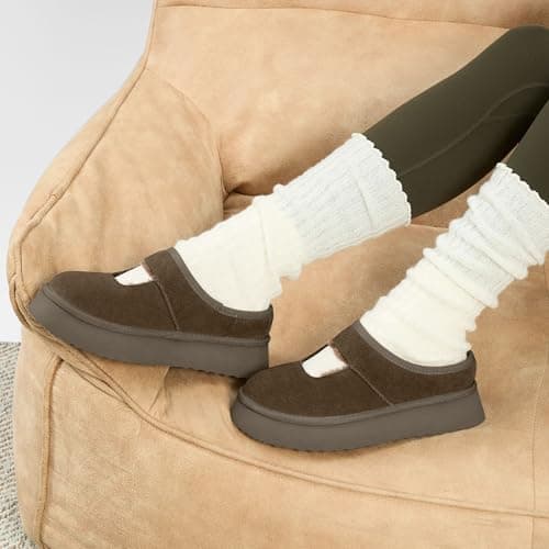 Vilanva Taupe Platform Slippers for Women Cozy Fur Lined Slip on Mary Jane Winter Shoes Warm Comfy House Slippers for Indoor Outdoor Size 9 - Thumbnail 2