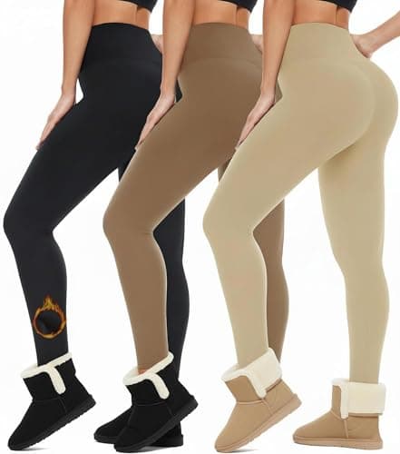 Fleece Lined Leggings for Women 3 Pack-High Wasited Tummy Control Yoga Pants Clothing Daily Solid Shark Tuff Dups Look Alikes Houndstooth Novelty Boho(3 Pcs Black+Khaki+Beige Fleece Lined,L-XL) - Image 1