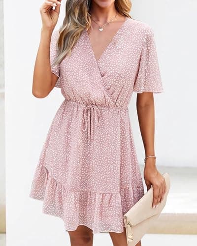 KIRUNDO Womens Summer Dresses 2026 Casual Spring Short Sleeve V Neck Ruffle Floral Print High Waist Belted Flowy Mini Dress(Large, Pink) - Thumbnail 4