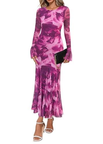 Lazysmile Women's Long Sleeve Floral Maxi Dresses Fall Formal Crewneck Bodycon Mesh Ruffle Wedding Guest Cocktail Party Dress Purple - Image 1