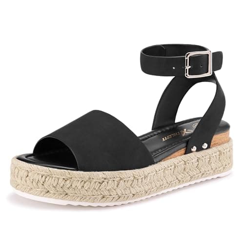 Athlefit Black Sandals Women Dressy Summer Platform Wedge Sandals Buckle Ankle Strap Open Toe Espadrilles for Travel size 5.5 - Image 1