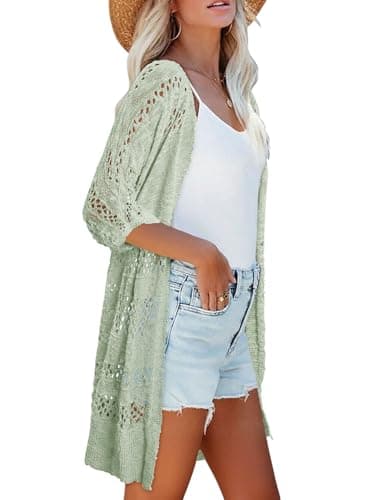 KISSMODA Summer Crochet Cream Cardigan for Women Pale Green Boho Kimonos Short Sleeve Hollow Out Open Front Lightweight Cardigans for Greenhouse Visits XXL - Thumbnail 5