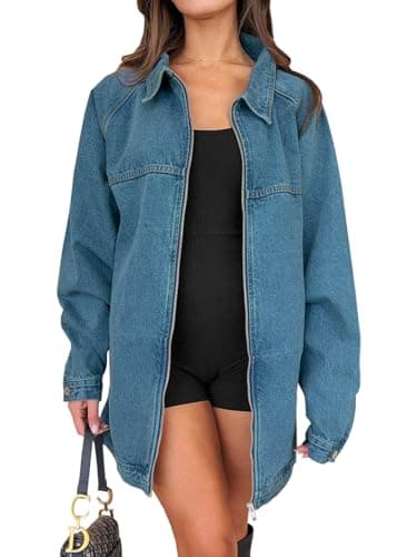 Tankaneo Womens Oversized Denim Jackets Casual Zip up Spring Long Sleeve Jean Jacket with Pocket - Image 1