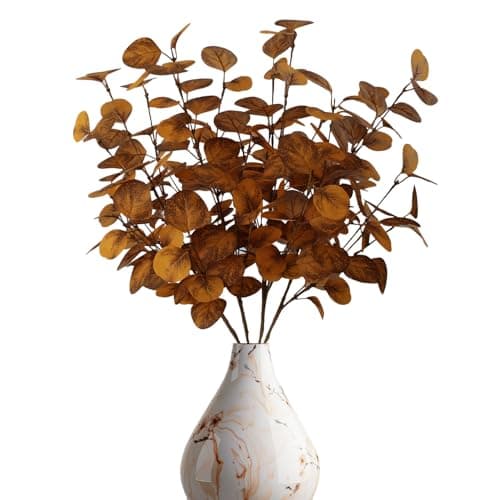 siqifloral 4PCS 24" Autumn Brown Metallic Artificial Eucalyptus Stems Real Faux Eucalyptus Leaves for Fall Home Decor, Thanksgiving Centerpiece Christmas Living Room Vase Decoration - Image 1