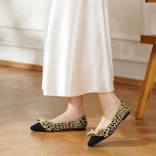 AHZEHRSE Flats Shoes Women Dressy Comfortable Work Shoes Leopard Print Flats Dress Shoes Breathable Mesh Flats Classic Pointed Toe Flats Knit Ballet Flats with Bow - Thumbnail 4