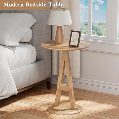 Aoligrace Round End Table, Unique Pedestal Side Table with Letter A Leg, Wooden Accent Tables for Couch, Living Room, Walnut Bedside Drink Table for Small Spaces, Bedroom, Corner, Easy to Assemble - Thumbnail 6