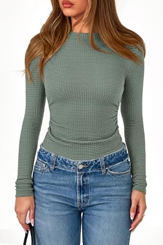 PRETTYGARDEN Womens Tops 2026 Spring Long Sleeve Fitted T Shirts Waffle Ruched Crop Shirt Basic Knit Workout Y2k Clothes(Sage Green,Large) - Thumbnail 4
