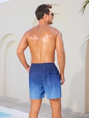 SILKWORLD Men's Swim Trunks Quick Dry Bathing Suits 6 Inch Swimming Shorts with Compression Liner and Zipper Pockets, Gradient-Blue Stripe, Medium - Thumbnail 4