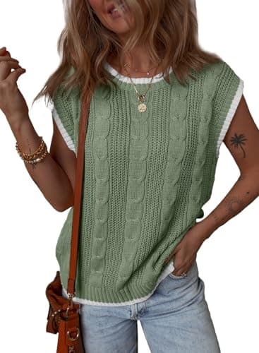 Dokotoo Tank Tops for Women Round Neck Cap Sleeve Color Block Cable Knit Womens Tank Tops Sweater Vest Women Vest for Women Sweaters for Women Green XX Large - Image 1