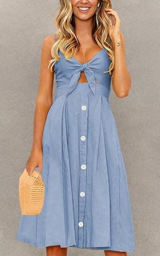 ECOWISH Women 2024 Summer Dresses Tie Front V-Neck Spaghetti Strap Button Down A-Line Backless Swing Midi Dress 809 Blue XL - Thumbnail 5
