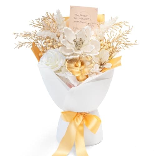 TINGE TIME Preserved Flowers Bouquet, Platinum Faux Rose Bouquets, Eternal Roses Bouquet for Wedding, Table Centerpieces, Mothers Day, Birthday Gifts, Anniversary, Graduation(White & Gold) - Image 1
