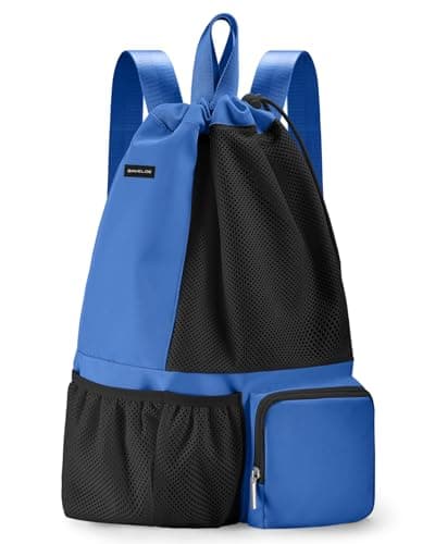 BAVELOE Swim Bag with Wet Pocket, Mesh Drawstring Backpack for Beach, Swimming, Snorkeling, Pool, Gym for Women Men (Blue) - Image 1