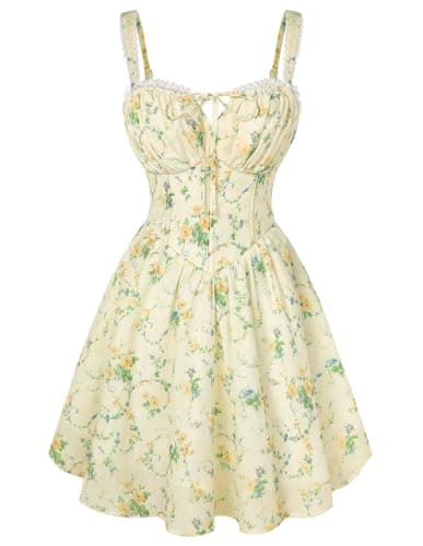 Scarlet Darkness Floral Corset Dress Sundresses for Women 2026 Summer Mini Graduation Dress Yellow Green Floral 2XL - Image 1