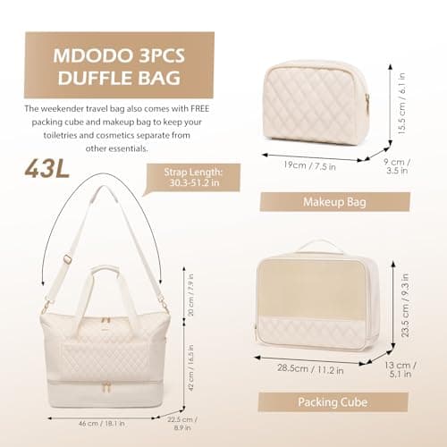 MDODO Travel Duffel Bags for Women Weekender Overnight Duffle Bag with Wet Pocket Shoes Compartment Carry on Tote Bag for Business,Trips,Travel,Sports,Gym,Yoga,Hospital,3 Pcs Set,43L,Beige - Thumbnail 2