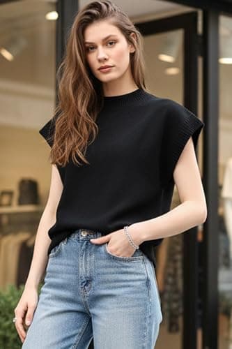 Orolay Women's Short Sleeve Mock Neck Sweater Vest Cap Sleeve Solid Knit Top - Lightweight Business Casual Black - Thumbnail 4