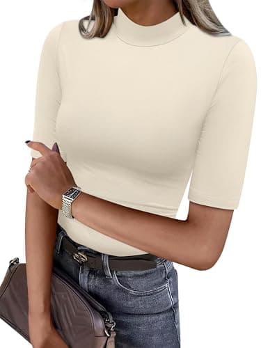 ANRABESS Women Tops Mock Neck 1/2 Short Sleeve Slim Fit Basic Tee Shirts Dressy Work Business 2026 Summer Fall Casual Outfits Apricot Small - Image 1